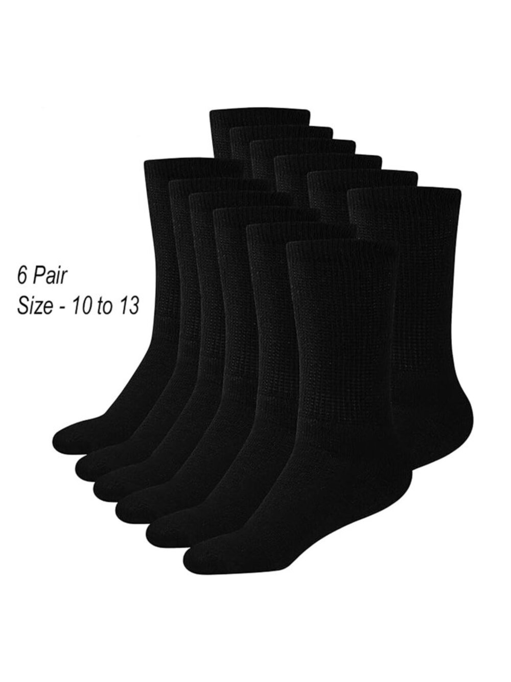 Weitzner Mens Black Diabetic Crew Socks Loose Fit Top 6 Pair 7-12